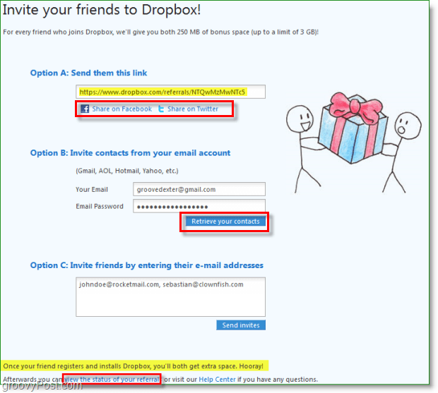 Dropbox-skärmdump - många sätt att dela dina inbjudningar till dropbox