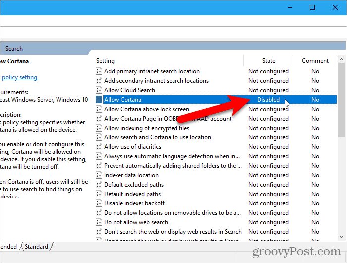 Inställningen AllowCortana inaktiverad i Local Group Policy Editor