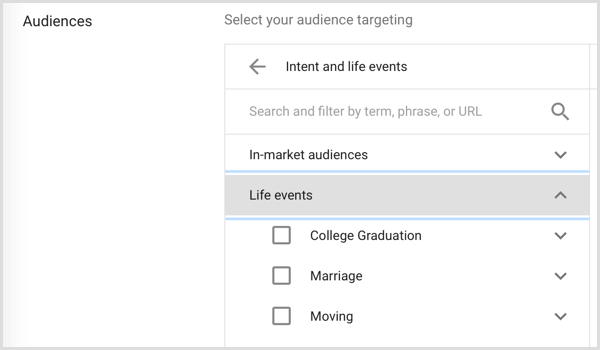 Google Adwords-målgrupp inriktad på livshändelser
