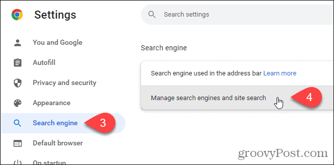 Klicka på Hantera sökmotorer och webbplatssökning på sökmotorskärmen i Chrome