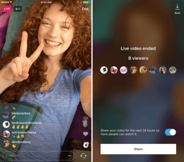 Instagram introducerade möjligheten att dela en livevideouppspelning till Instagram Stories i 24 timmar.
