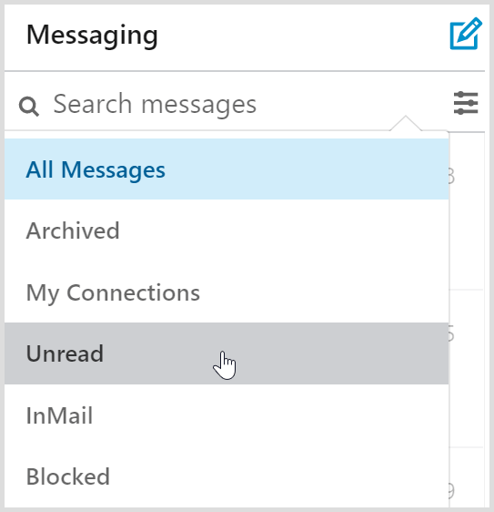 Inkorgsfilter för LinkedIn-meddelanden innehåller ett oläst meddelandefilter.