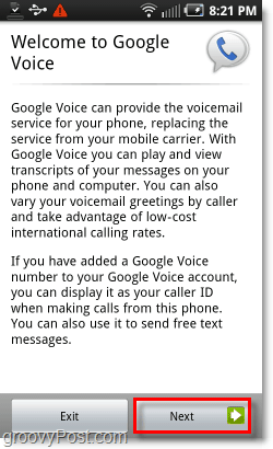 Google Voice på Android Mobile välkomstskärm
