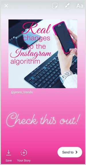 Lägg till text, klistermärken eller andra komponenter till ett nytt delat inlägg i din Instagram-berättelse.
