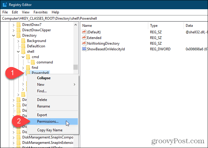 Välj behörigheter för Powershell-tangenten i Windows-registerredigeraren