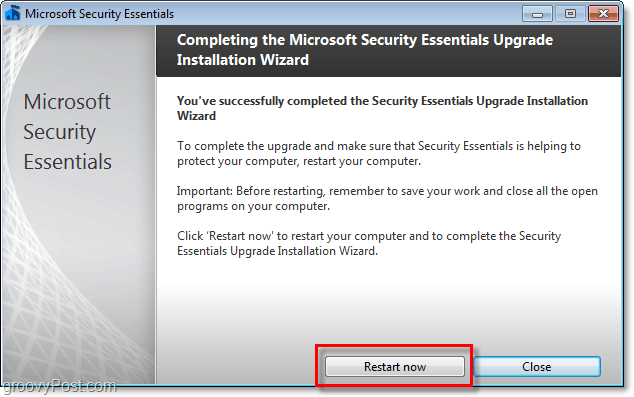 starta om datorn för att slutföra Microsoft Security Security Essential 2.0 beta-installation