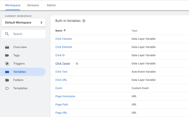 exempel google tag manager dashboard arbetsyta med variabler valda och flera exempel variabler visas med typ noterad för varje