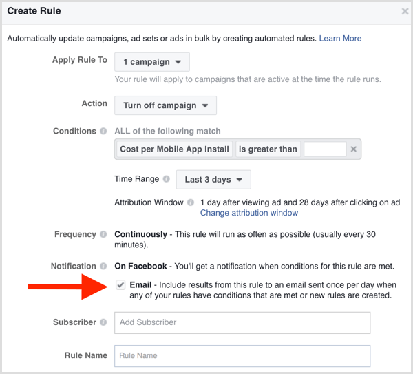 Facebook Ads Manager automatiserad regel e-postmeddelande