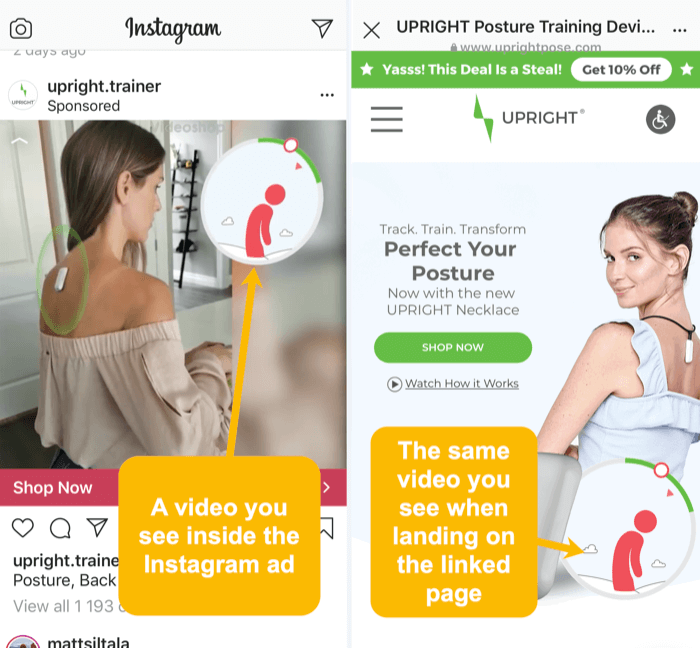 samma video- och visuella element i Instagram-annons och länkad målsida