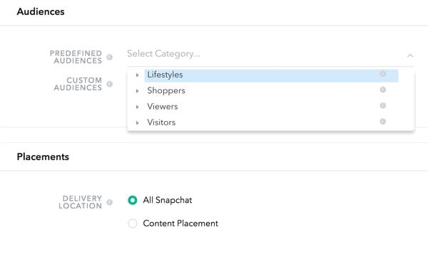 Snapchat låter dig välja publik från fyra fördefinierade kategorier.