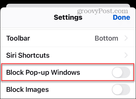 Blockera popup-fönster i iPhone Firefox-inställningar