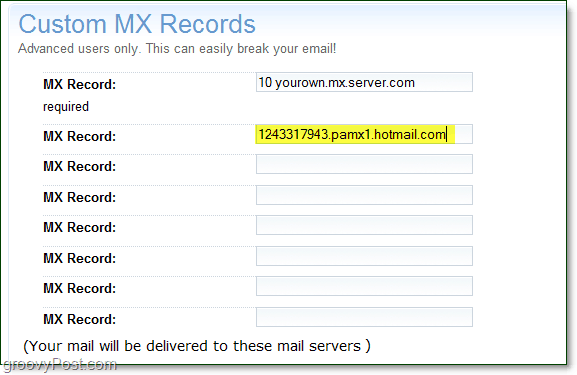 förbi dina live-tjänster mx-serverinformation på din domänavancerade alternativsida för anpassade mx-poster