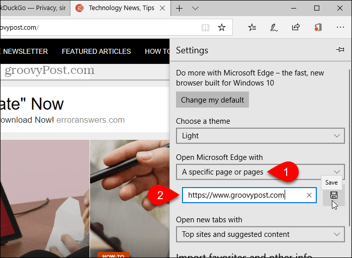 Spara en URL för Open Microsoft Edge med alternativet