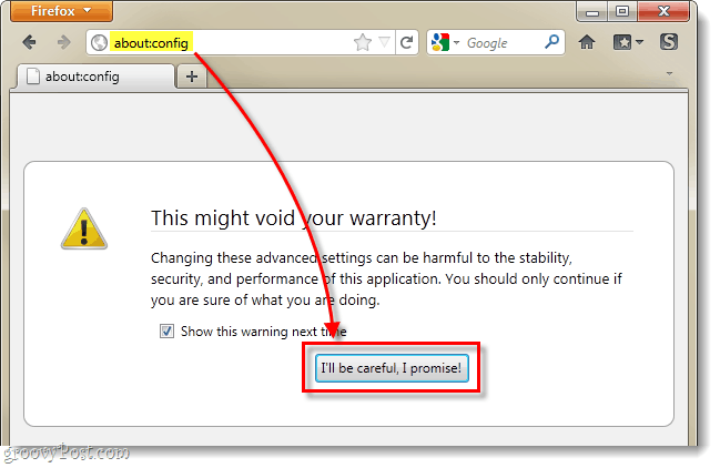 Firefox-konfigureringsmenyn kan ogiltiga garantin