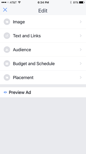 redigera alternativ för annonskampanj i Facebook-sidans manager-app