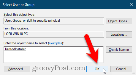 Stäng dialogrutan Välj användare eller grupp i Windows-registerredigeraren