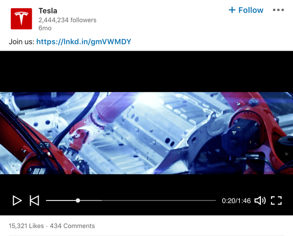 Tesla LinkedIn företagssida video post exempel.