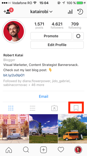 För att skapa en samling, gå till din Instagram-profil och tryck på bokmärkesikonen.