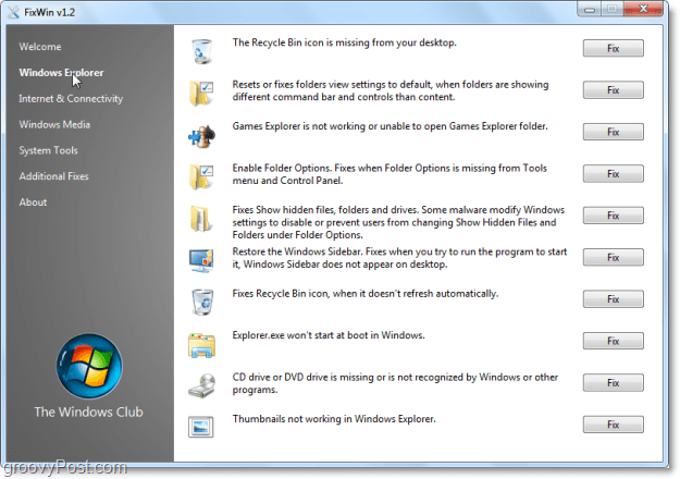 FixWin Windows Explorer fixar skärmdump