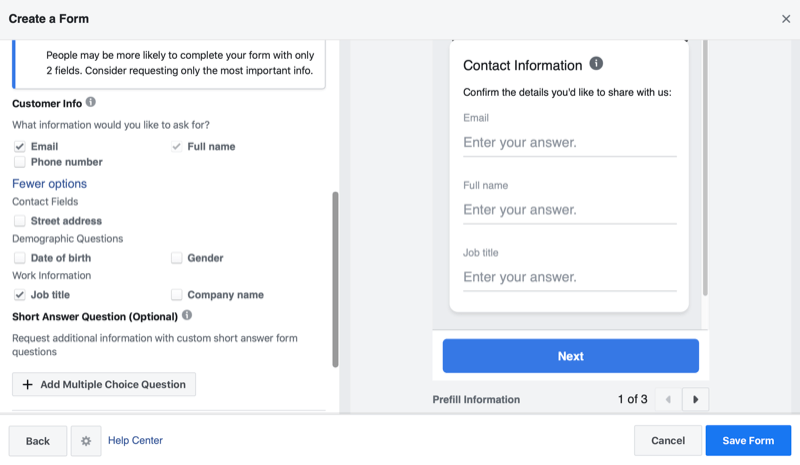 Exempel på menyalternativ för generering av leadformulär för att samla in e-post, fullständigt namn, jobbtitel samt en annonsförhandsvisning för formuläret för lead-insamling