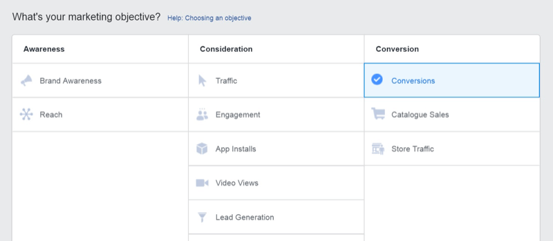 Strategi för marknadsföring av sociala medier; Skärmdump av konverteringsmålet i Facebook Ads Manager.