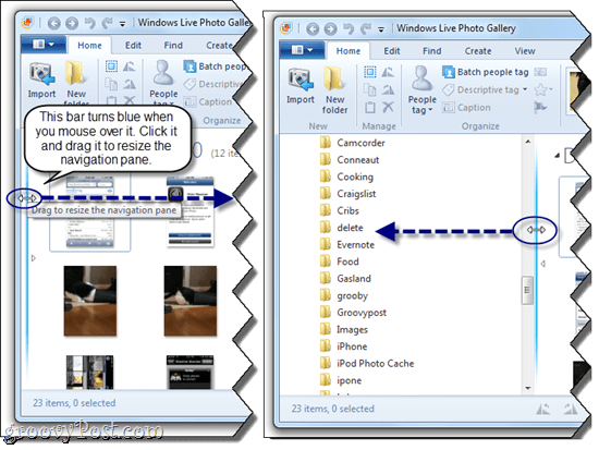 Ändra storlek på navigeringsfönstret i Windows Live Photo Gallery