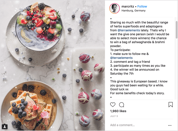 Exempel på Instagram-influencer-marknadsföringskampanj med en giveaway