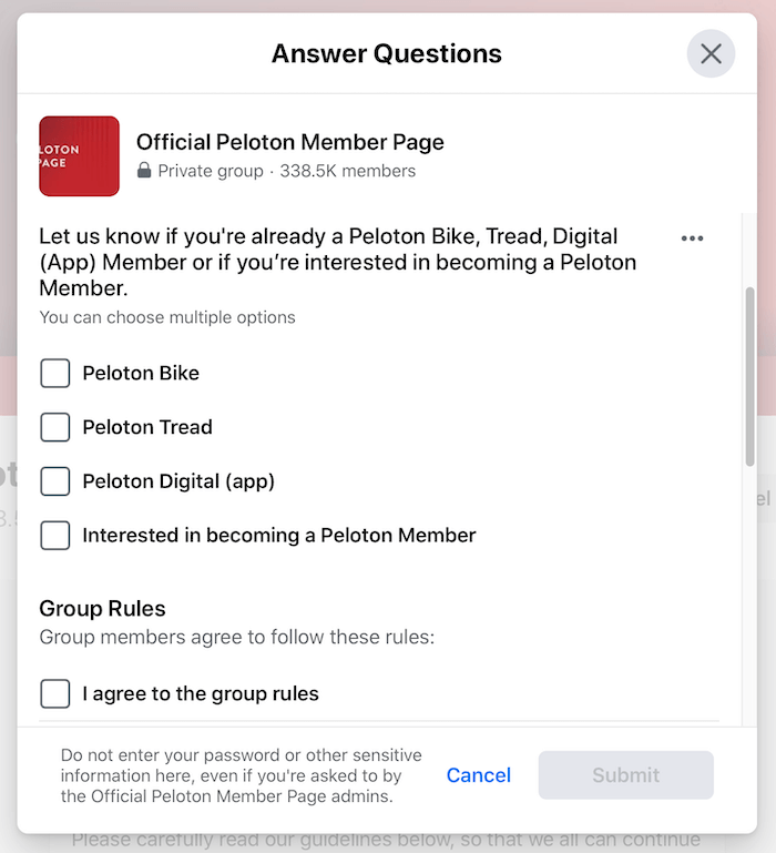 exempel på facebookgrupps screeningfrågor för den officiella pelotonmedelsgruppen