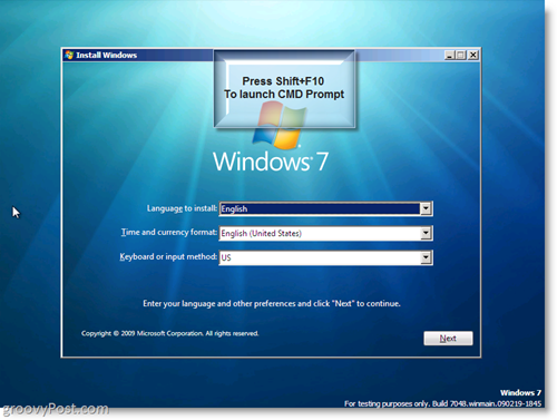 Windows 7 Installera - Starta CMD Prompt med Shift + F10