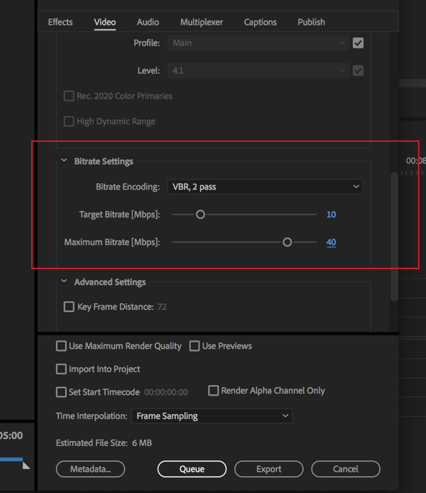 Inställning för att ändra bithastigheten för din Adobe Premier Pro-videoexport.
