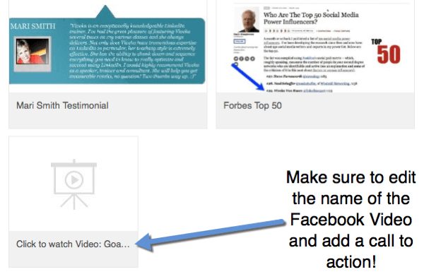 När du lägger till Facebook-videolänkar till din profil, redigerar du titeln så att den inkluderar en uppmaning till handling för att titta på videon.
