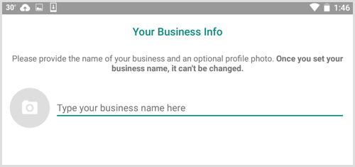Skriv ditt företagsnamn på skärmen Your Business Info i WhatsApp Business