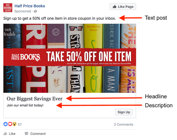 Det finns tre områden för text i en Facebook-annons.
