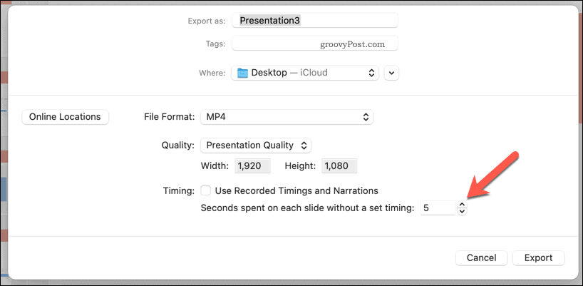Använda manuella tidsinställningar för en exporterad video i PowerPoint på Mac