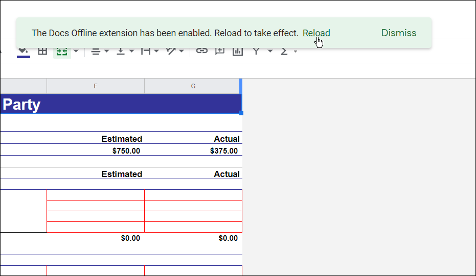 ladda om för att slutföra tilläggsinstallationen använd google docs offline