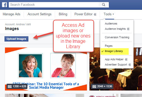 Facebook Ads Manager bildbibliotek tillgång
