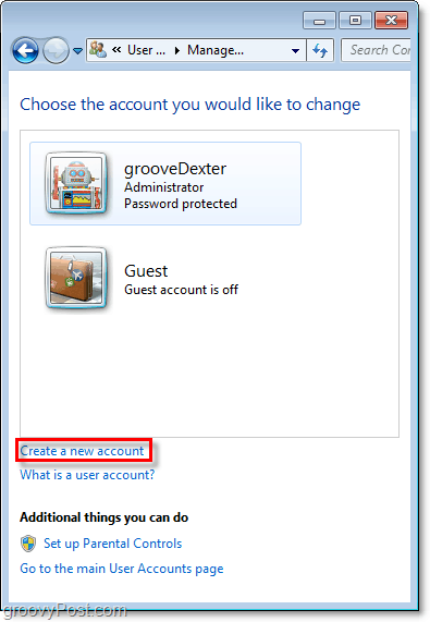 från översiktsidan för Windows 7-konton använder du länken för att skapa ett nytt konto