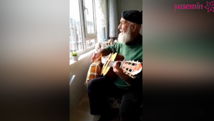 Farfar spelar och berättade "Ah lie world" med gitarr!