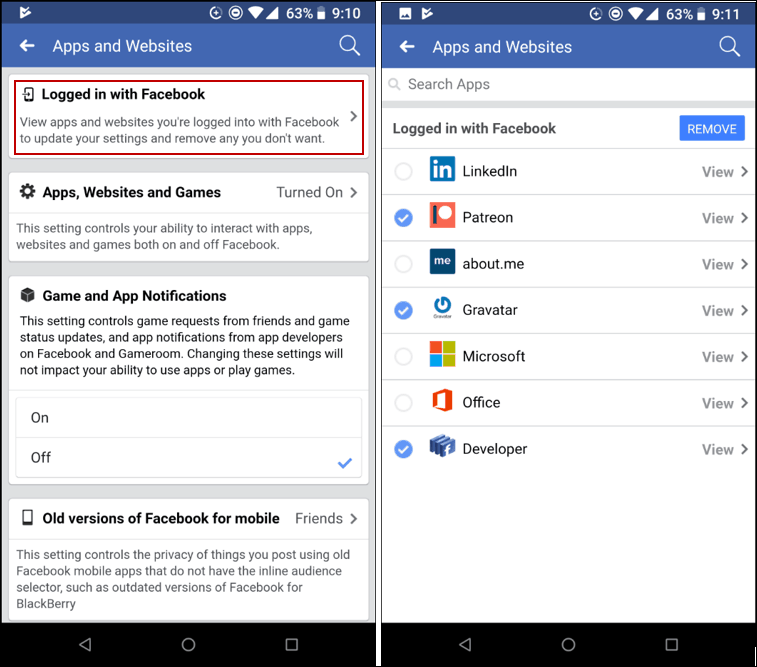 Ta bort Apps Facebook Mobile