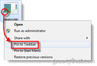 fäst exe-filen till aktivitetsfältet Windows 7