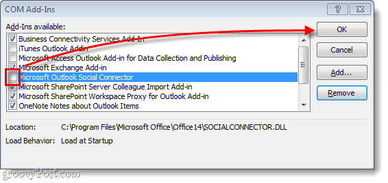 Hur man tar bort eller inaktiverar Outlook Social Connector i Office 2010