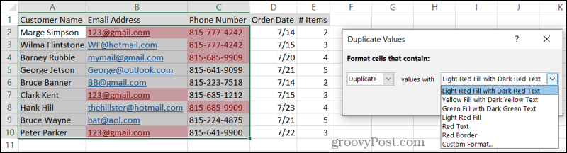 Välj Formatering för duplikat i Excel