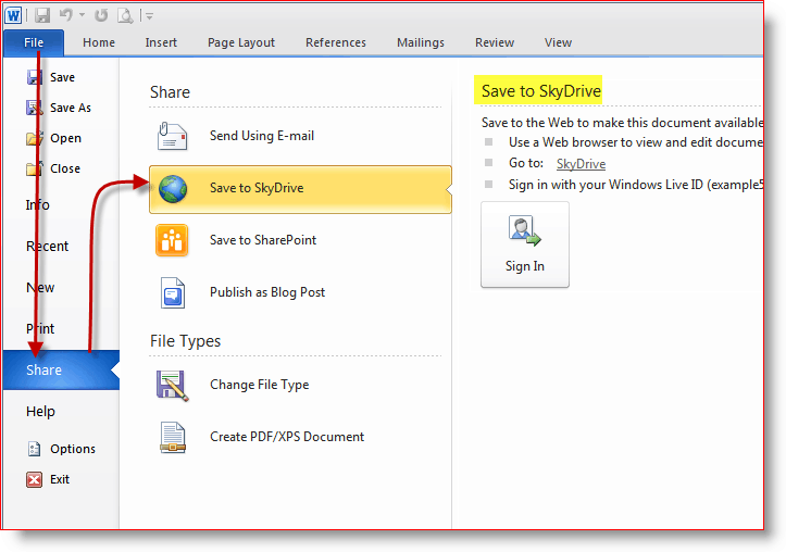 Spara dokument på SkyDrive online-lagring