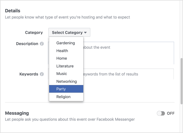 Välj den kategori som bäst beskriver ditt virtuella Facebook-evenemang.