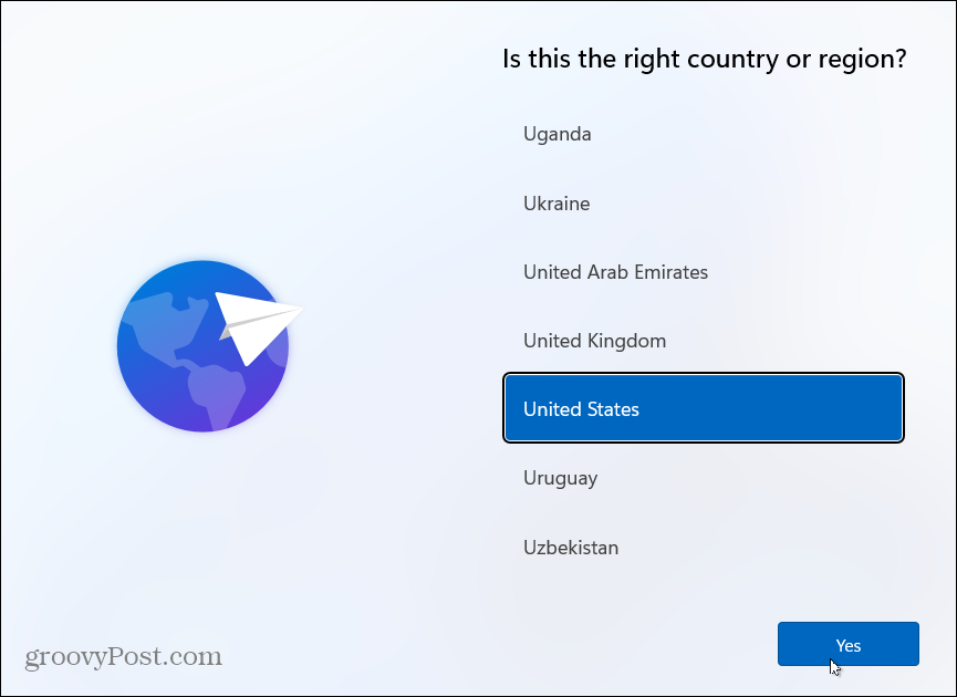 Välj Country Install Windows 11