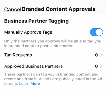 Inställningar för godkännande av Instagram-märke för företagsprofil