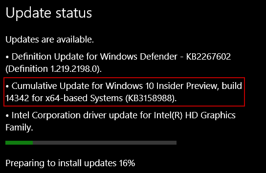 Windows 10 uppdaterar KB3158988 för Preview Build 14342 för datorer