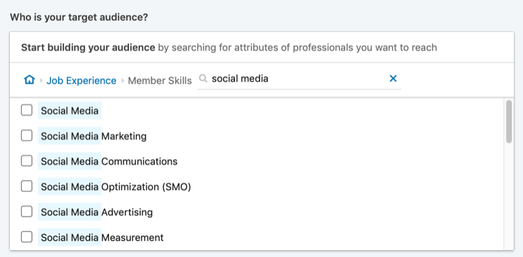 resultat av sökning efter 'sociala medier' ​​för inriktning på LinkedIn-medlemmar