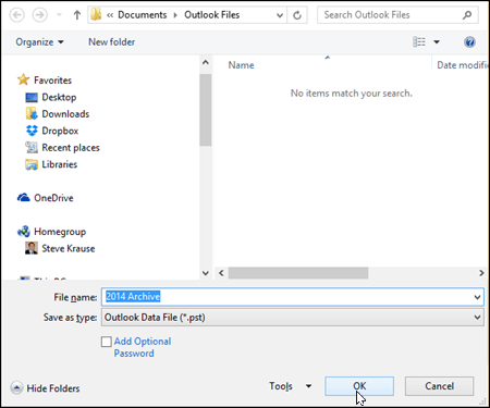 Outlook 2016 - Välj namn och plats för PST-fil