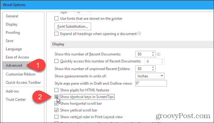 Visa kortkommandon på skärmtips i Word